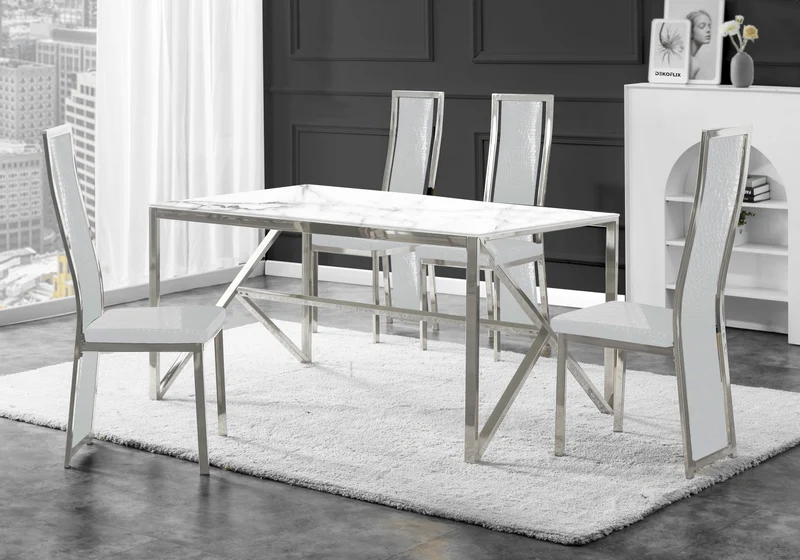 Table marbre blanc et 6 chaises croco argent – Jessy
