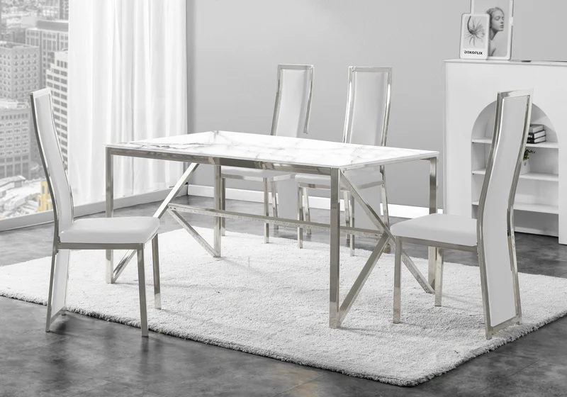 Table marbre blanc et 6 chaises simili-cuir argent – Jessy