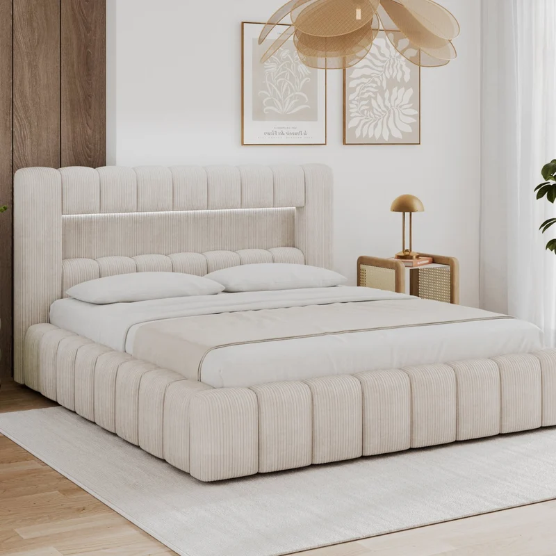 Lit coffre 180x200 sommier et LED inclus Auria Velours côtelé Crème