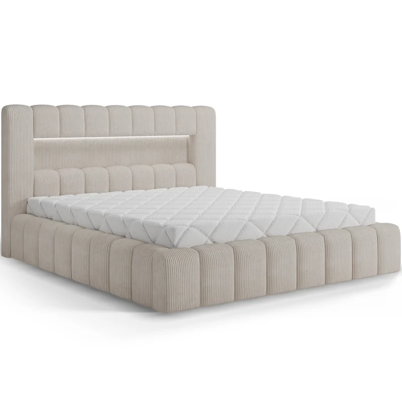 Lit coffre 180x200 sommier et LED inclus Auria Velours côtelé Crème