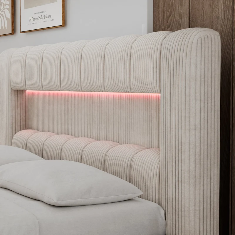 Lit coffre 160x200 sommier et LED inclus Auria Velours côtelé Crème