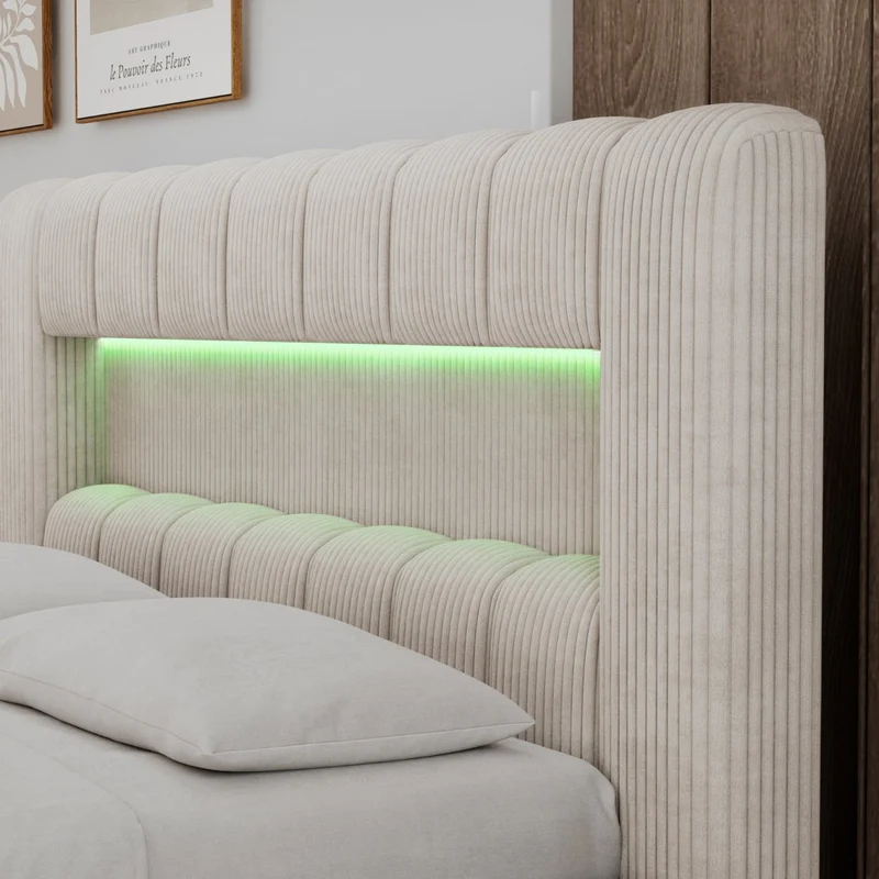Lit coffre 160x200 sommier et LED inclus Auria Velours côtelé Crème