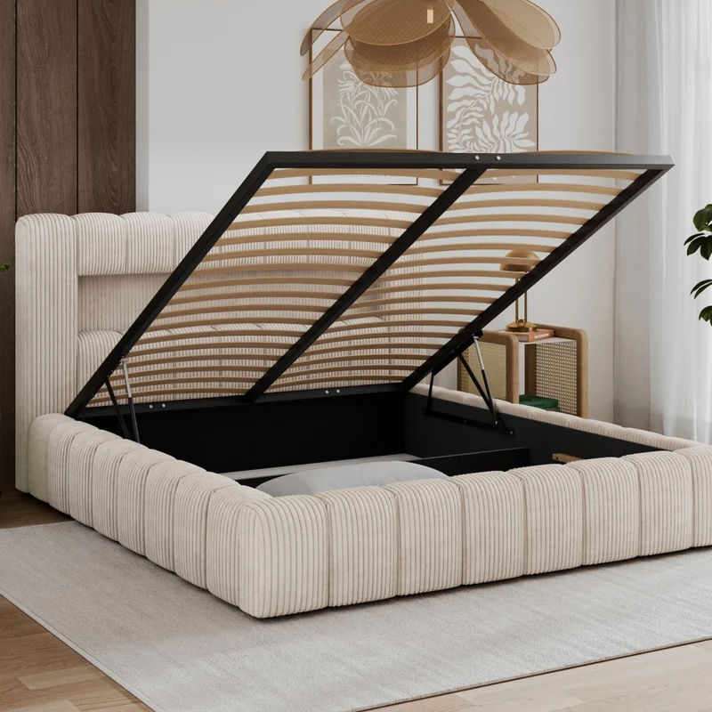 Lit coffre 140x200 sommier et LED inclus Auria Velours côtelé Crème