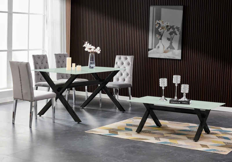Table verre trempé et 4 chaises X noires - Cross
