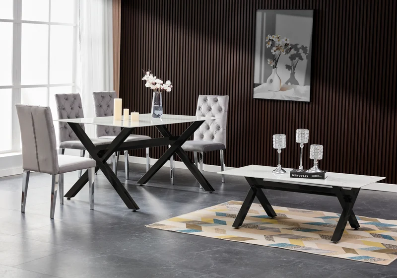 Table marbre blanc et 4 chaises X noires - Cross