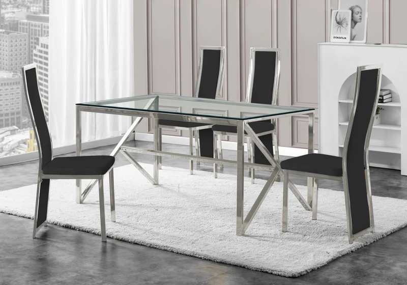 Table en verre et 6 chaises velours argent – Jessy