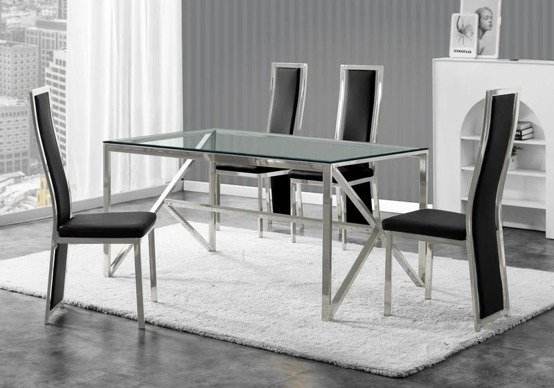 Table en verre et 6 chaises simili-cuir argent – Jessy