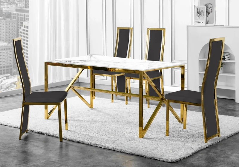 Table marbre blanc et 6 chaises velours doré – Jessy