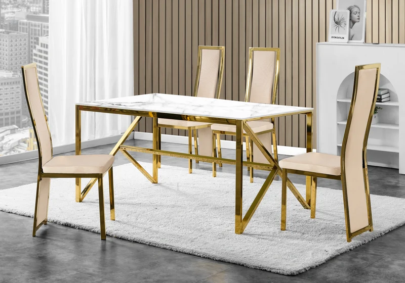 Table marbre blanc et 6 chaises velours doré – Jessy