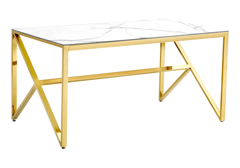 Table marbre blanc et 6 chaises velours doré – Jessy