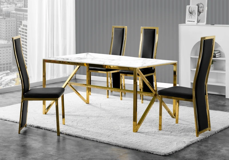 Table marbre blanc et 6 chaises simili-cuir doré – Jessy