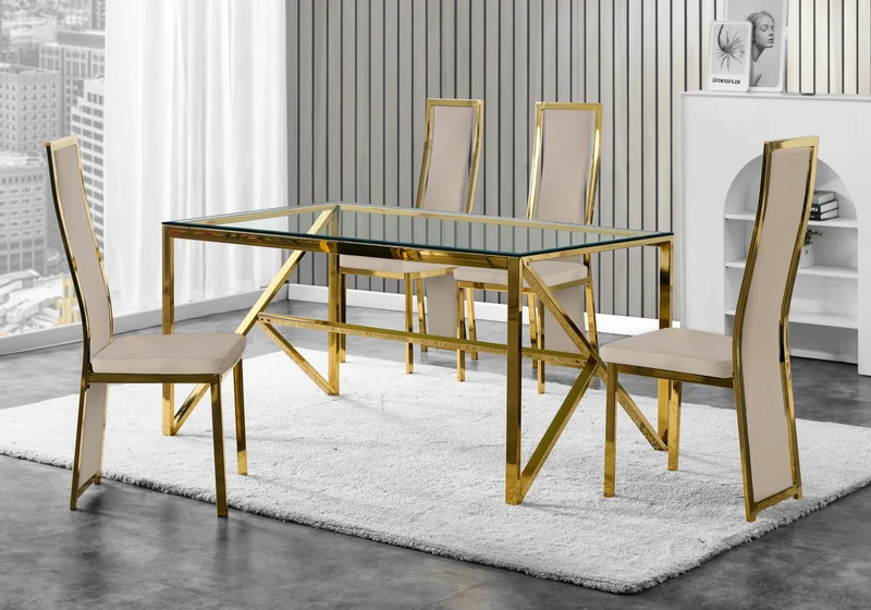 Table en verre et 6 chaises velours doré – Jessy
