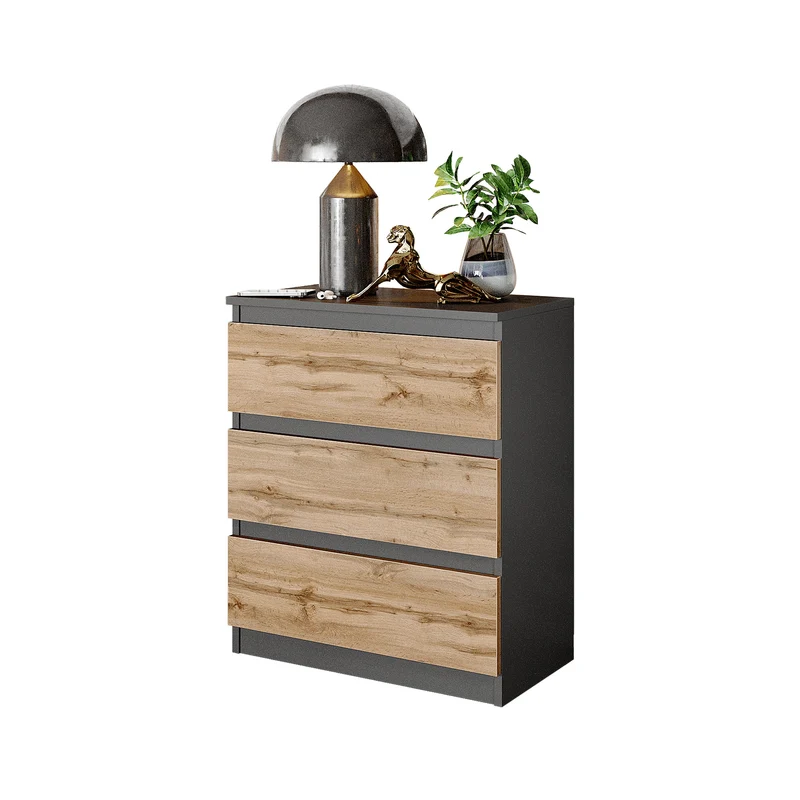 GABRIEL - Commode / Table de Chevet - 3 Tiroirs – Anthracite / Chêne Wotan – H72cm L60cm P33cm