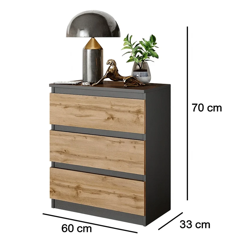 GABRIEL - Commode / Table de Chevet - 3 Tiroirs – Anthracite / Chêne Wotan – H72cm L60cm P33cm