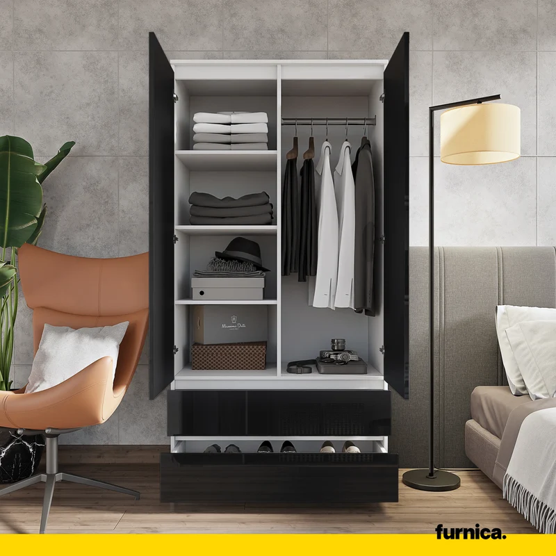 JOELLE - Armoire 2 Portes avec 2 Tiroirs - Blanc Mat / Noir Brillant H180cm L90cm P50cm