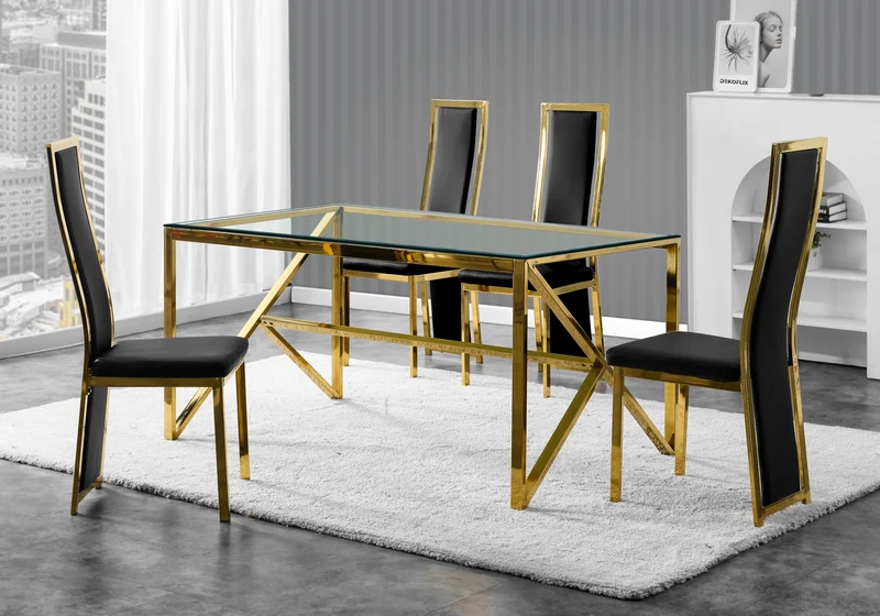 Table en verre et 6 chaises simili-cuir doré – Jessy