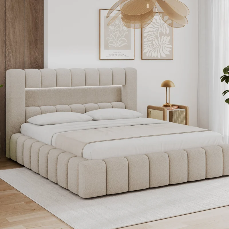 Lit coffre 180x200 sommier et LED inclus Auria Texturé Beige