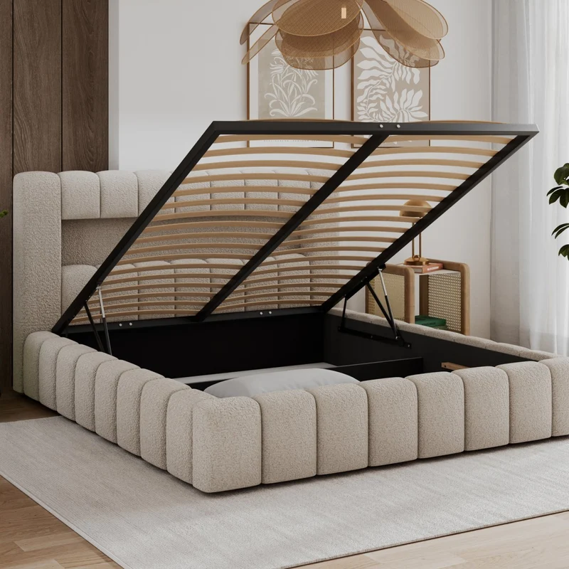 Lit coffre 160x200 sommier et LED inclus Auria Texturé Beige