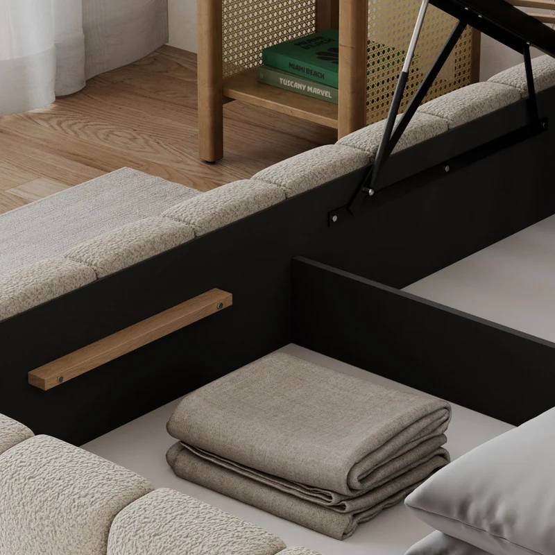 Lit coffre 140x200 sommier et LED inclus Auria Texturé Beige