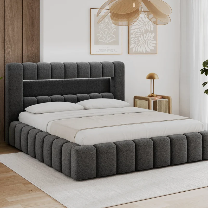 Lit coffre 160x200 sommier et LED inclus Auria Texturé Gris foncé