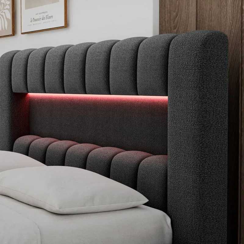 Lit coffre 160x200 sommier et LED inclus Auria Texturé Gris foncé