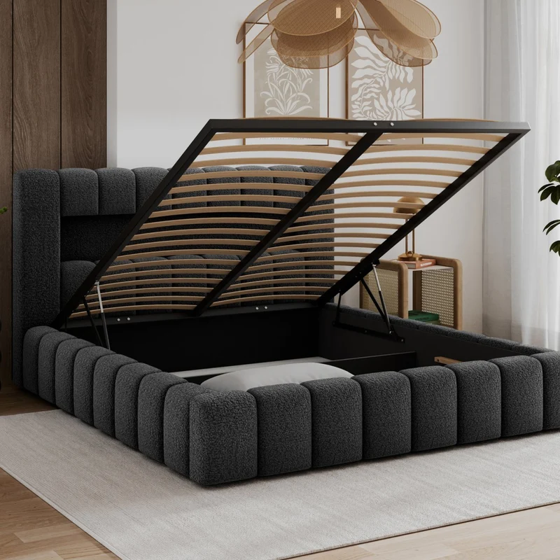 Lit coffre 140x200 sommier et LED inclus Auria Texturé Gris foncé