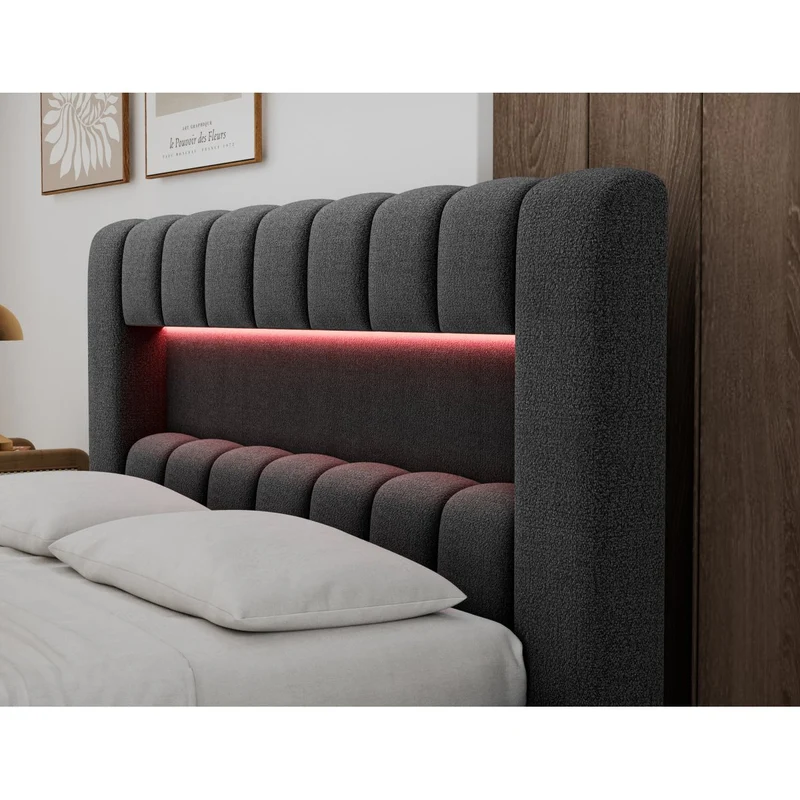 Lit coffre 140x200 sommier et LED inclus Auria Texturé Gris foncé