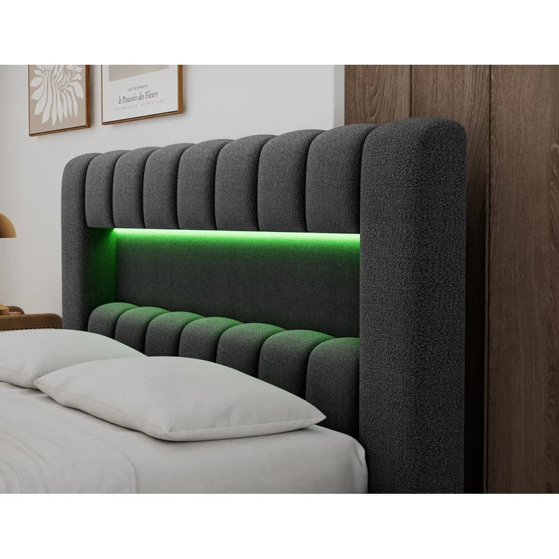 Lit coffre 140x200 sommier et LED inclus Auria Texturé Gris foncé