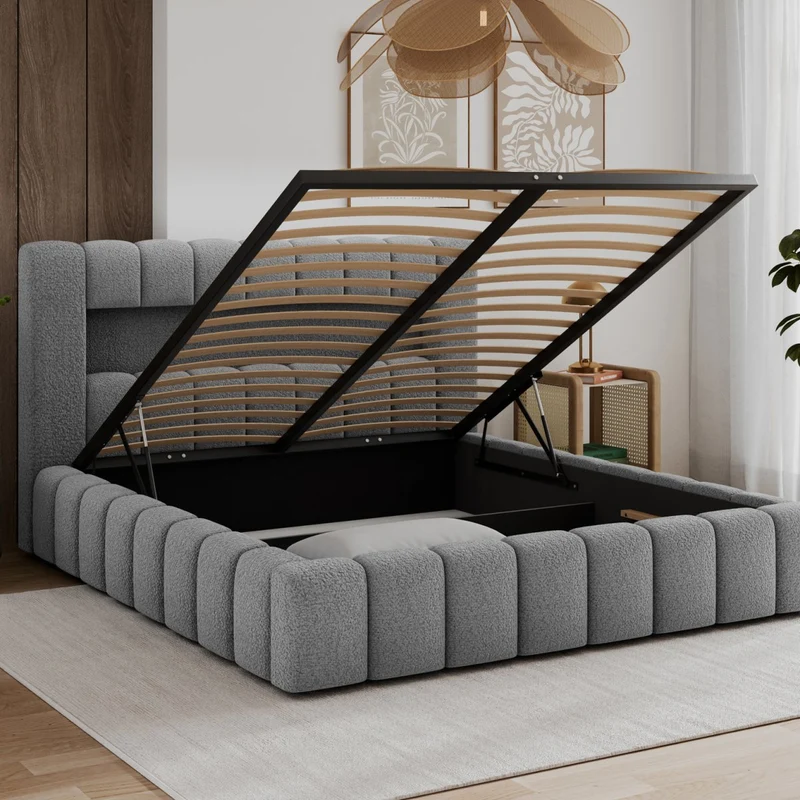 Lit coffre 180x200 sommier et LED inclus Auria Texturé Gris
