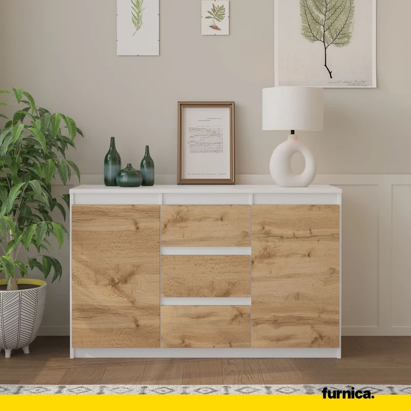 MIKEL - Commode 3 Tiroirs et 2 Portes - Armoire de Rangement pour Couloir/Chambre à Coucher - Buffet - H75cm L120cm P35cm (Blanc/Chêne Wotan)