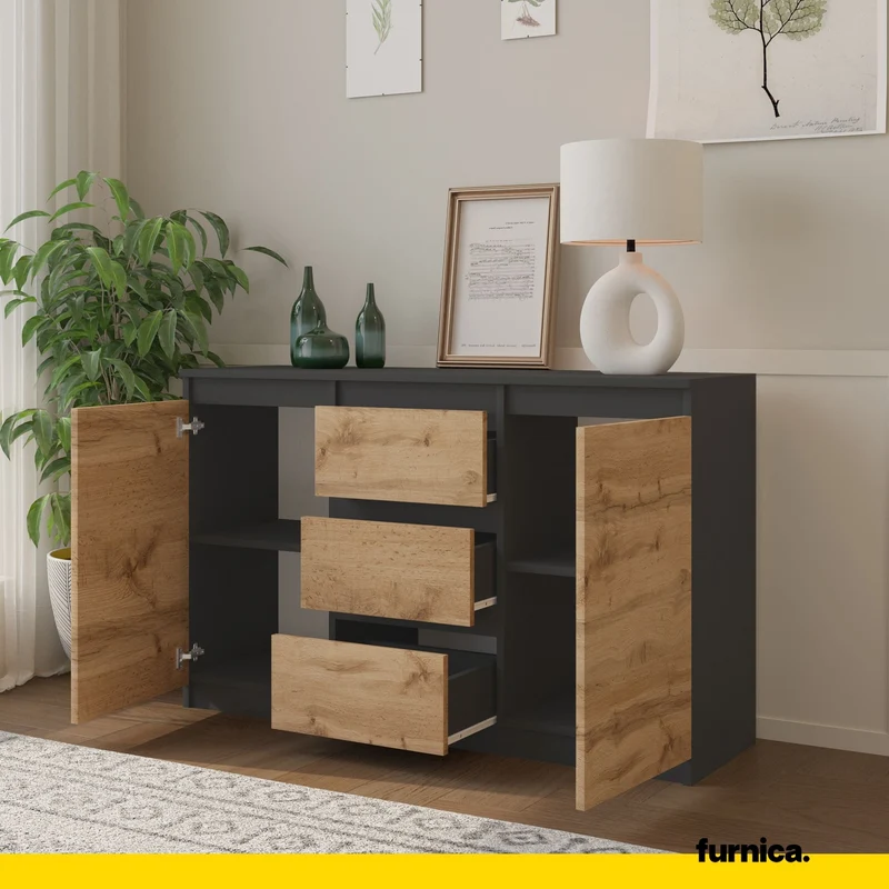 MIKEL - Commode 3 Tiroirs et 2 Portes - Armoire de Rangement pour Couloir/Chambre à Coucher - Buffet - H75cm L120cm P35cm (Anthracite/Chêne Wotan)