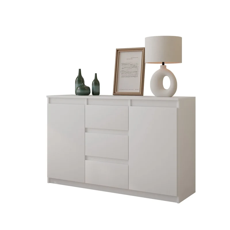MIKEL - Commode 3 Tiroirs et 2 Portes - Armoire de Rangement pour Couloir/Chambre à Coucher - Buffet - H75cm L120cm P35cm (Blanc)