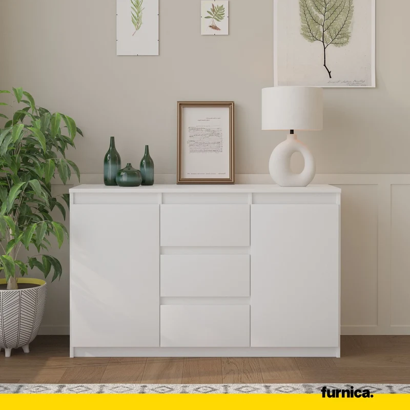 MIKEL - Commode 3 Tiroirs et 2 Portes - Armoire de Rangement pour Couloir/Chambre à Coucher - Buffet - H75cm L120cm P35cm (Blanc)