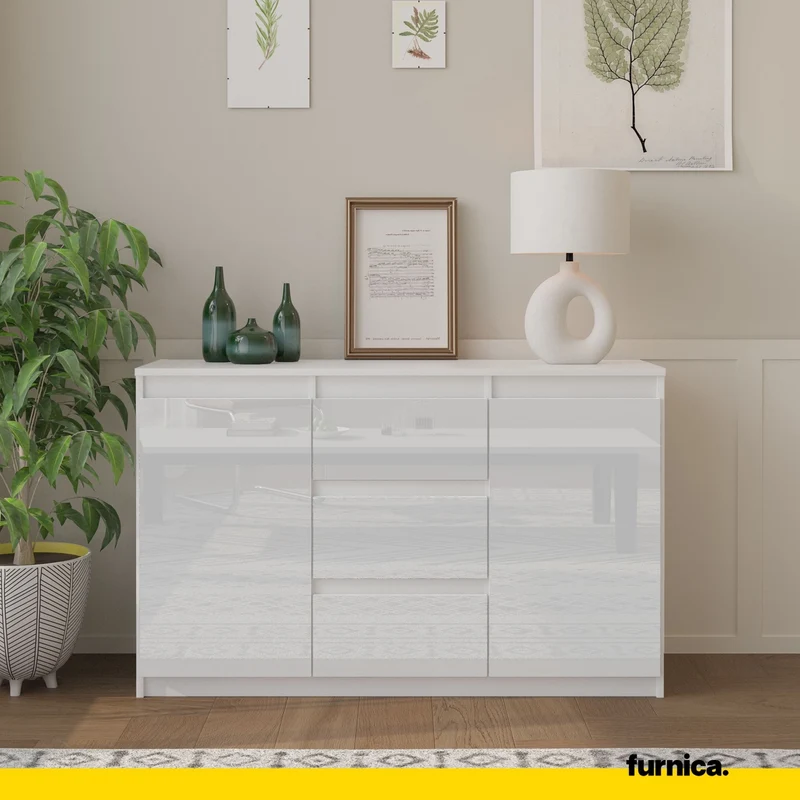 MIKEL - Commode 3 Tiroirs et 2 Portes - Armoire de Rangement pour Couloir/Chambre à Coucher - Buffet - H75cm L120cm P35cm (Blanc Mat/Blanc Brillant)