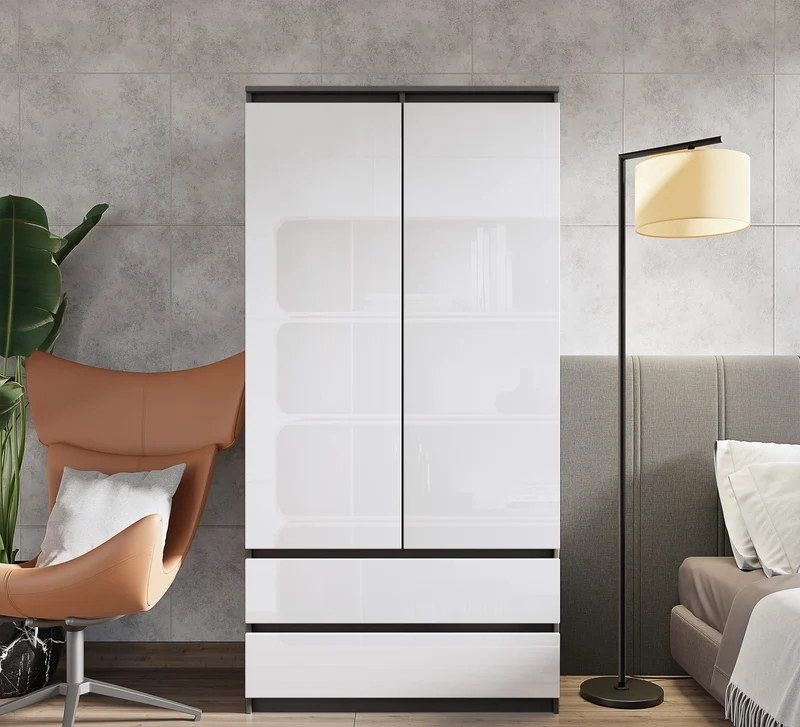 JOELLE - Armoire 2 Portes avec 2 Tiroirs - Anthracite / Blanc Brillant H180cm L90cm P50cm