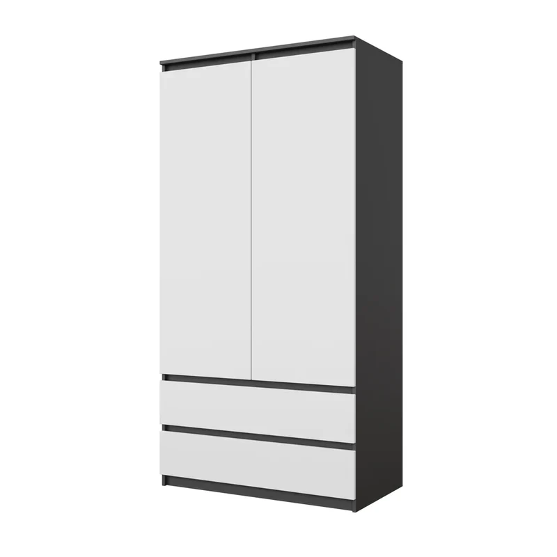 JOELLE - Armoire 2 Portes avec 2 Tiroirs - Anthracite / Blanc Mat H180cm L90cm P50cm
