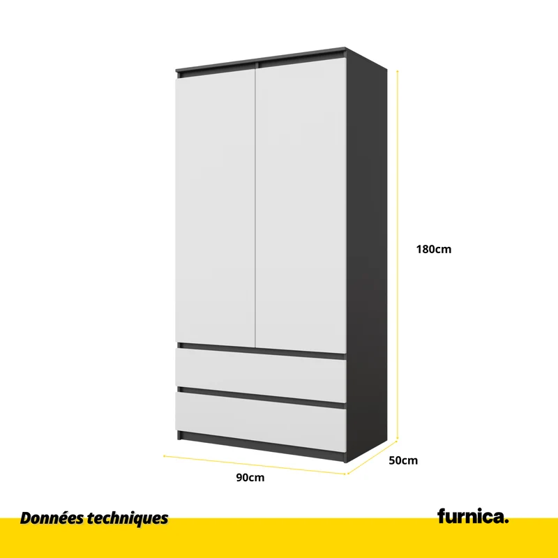 JOELLE - Armoire 2 Portes avec 2 Tiroirs - Anthracite / Blanc Mat H180cm L90cm P50cm