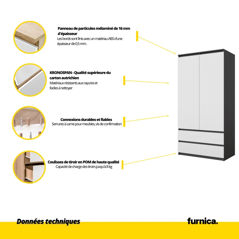 JOELLE - Armoire 2 Portes avec 2 Tiroirs - Anthracite / Blanc Mat H180cm L90cm P50cm