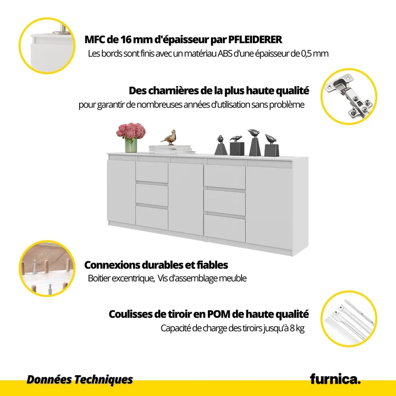 MIKEL - Commode 6 Tiroirs et 3 Portes - Armoire de Rangement pour Couloir / Chambre à Coucher - Buffet - Blanc Mat / Blanc Brillant H75cm L200cm P35cm