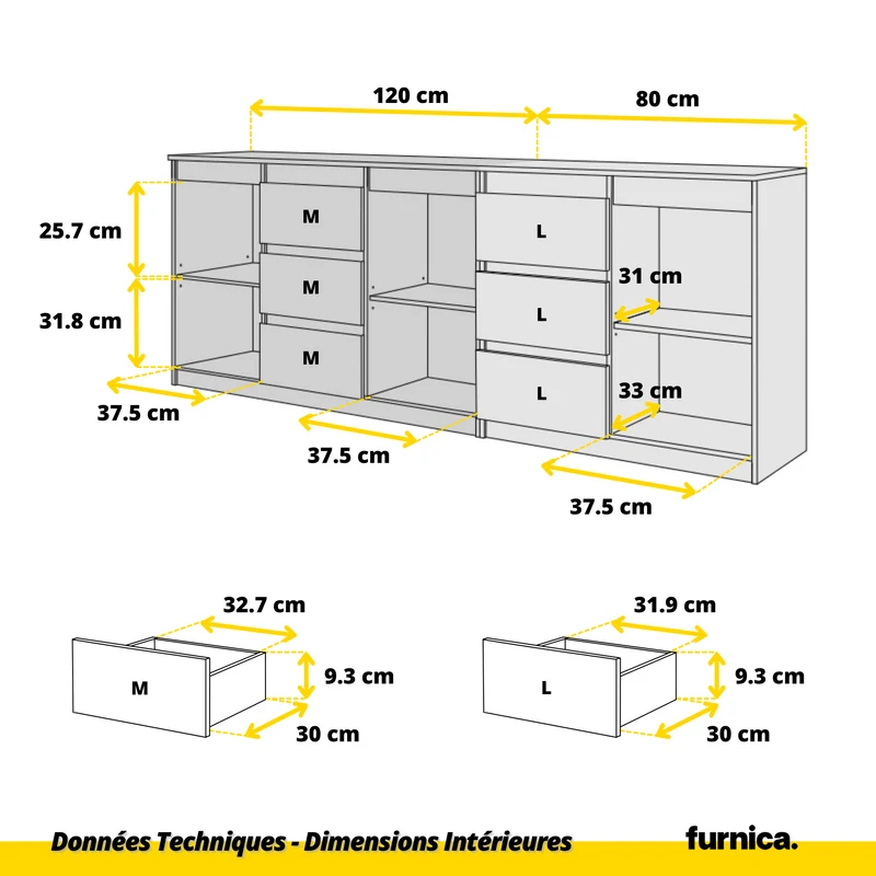 MIKEL - Commode 6 Tiroirs et 3 Portes - Armoire de Rangement pour Couloir / Chambre à Coucher - Buffet - Blanc Mat / Noir Brillant H75cm L200cm P35cm