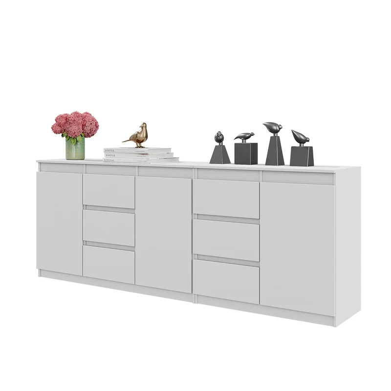 MIKEL - Commode 6 Tiroirs et 3 Portes - Armoire de Rangement pour Couloir / Chambre à Coucher - Buffet - Blanc Mat H75cm L200cm P35cm