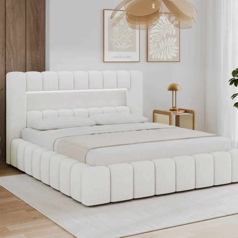 Lit coffre 180x200 sommier et LED inclus Auria Texturé Blanc