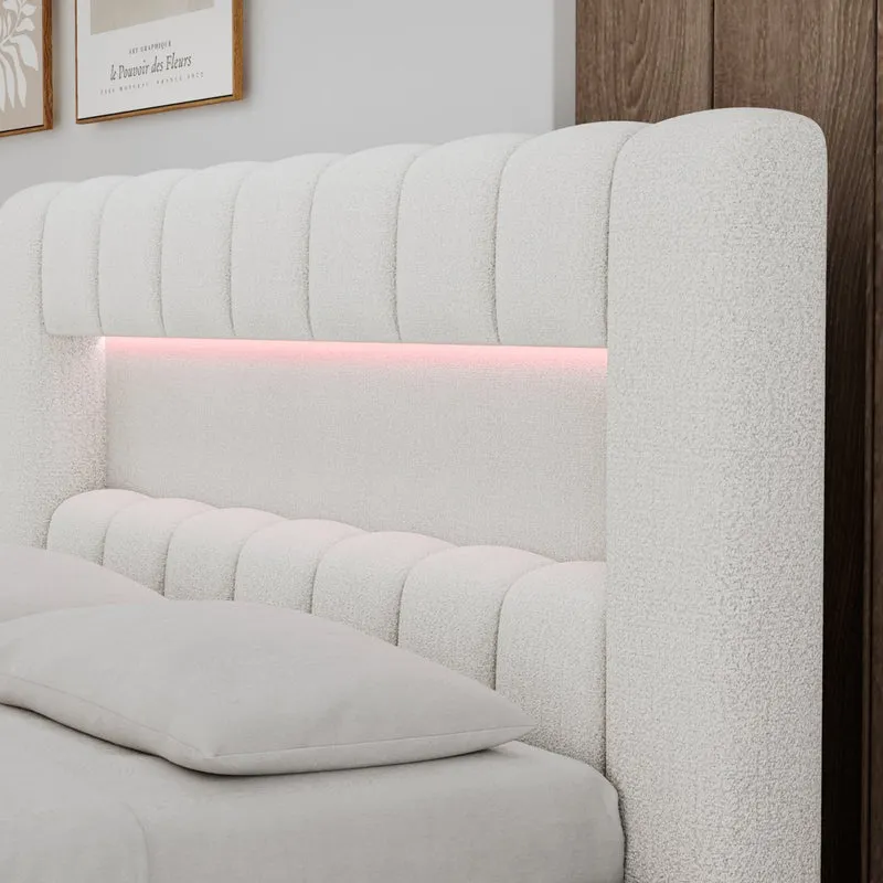 Lit coffre 180x200 sommier et LED inclus Auria Texturé Blanc