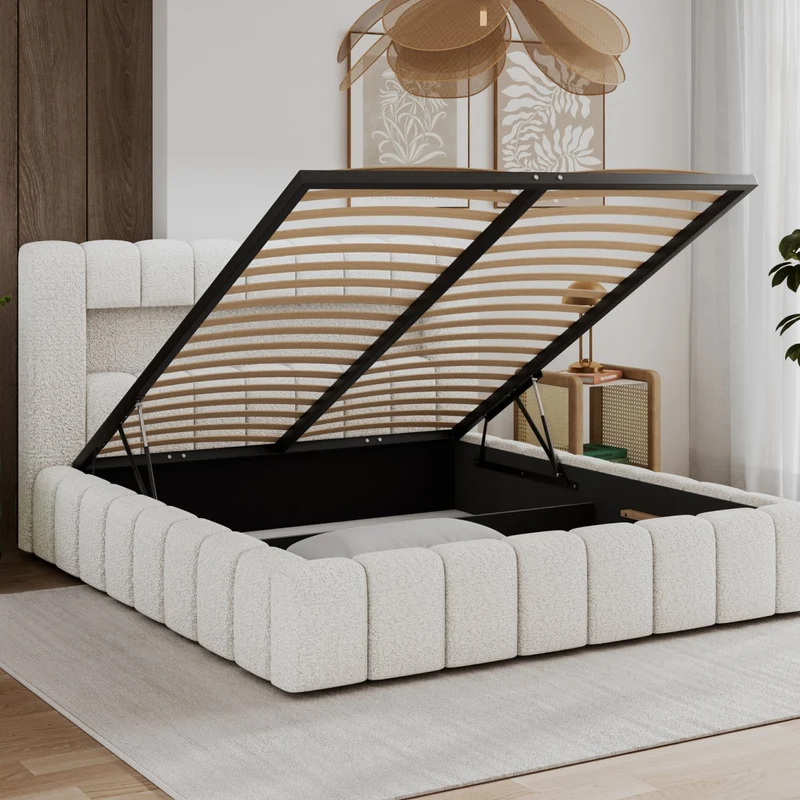 Lit coffre 140x200 sommier et LED inclus Auria Texturé Blanc