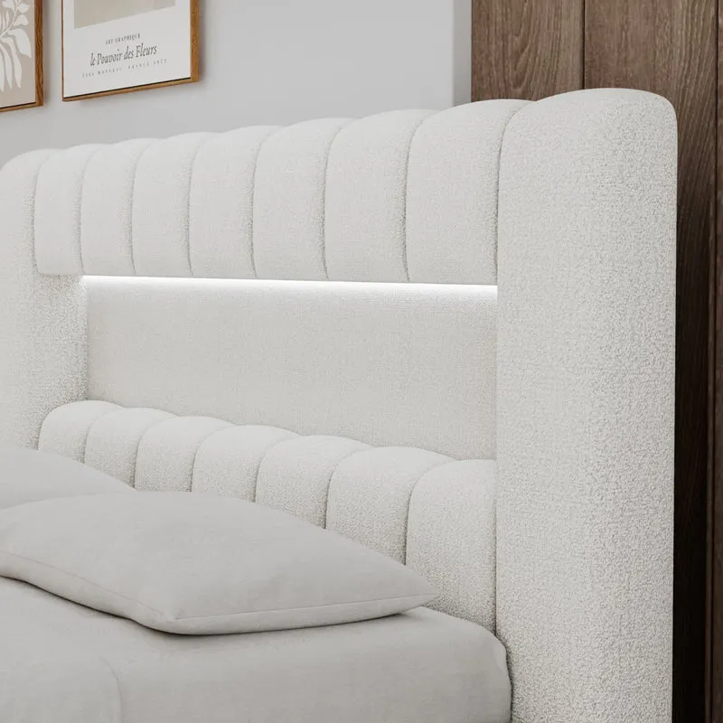 Lit coffre 140x200 sommier et LED inclus Auria Texturé Blanc