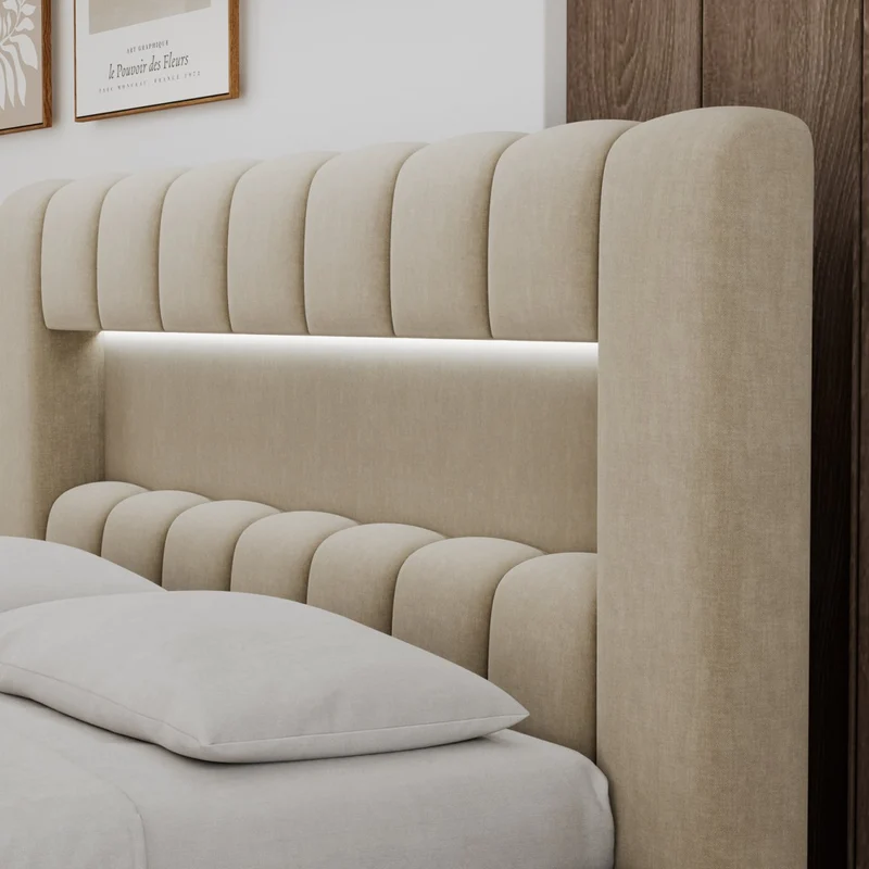 Lit coffre 160x200 sommier et LED inclus Auria Velours Beige