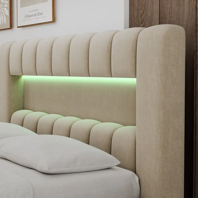 Lit coffre 160x200 sommier et LED inclus Auria Velours Beige