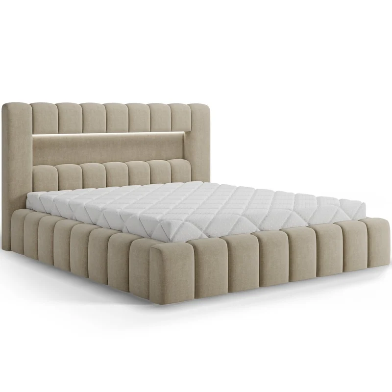 Lit coffre 140x200 sommier et LED inclus Auria Velours Beige