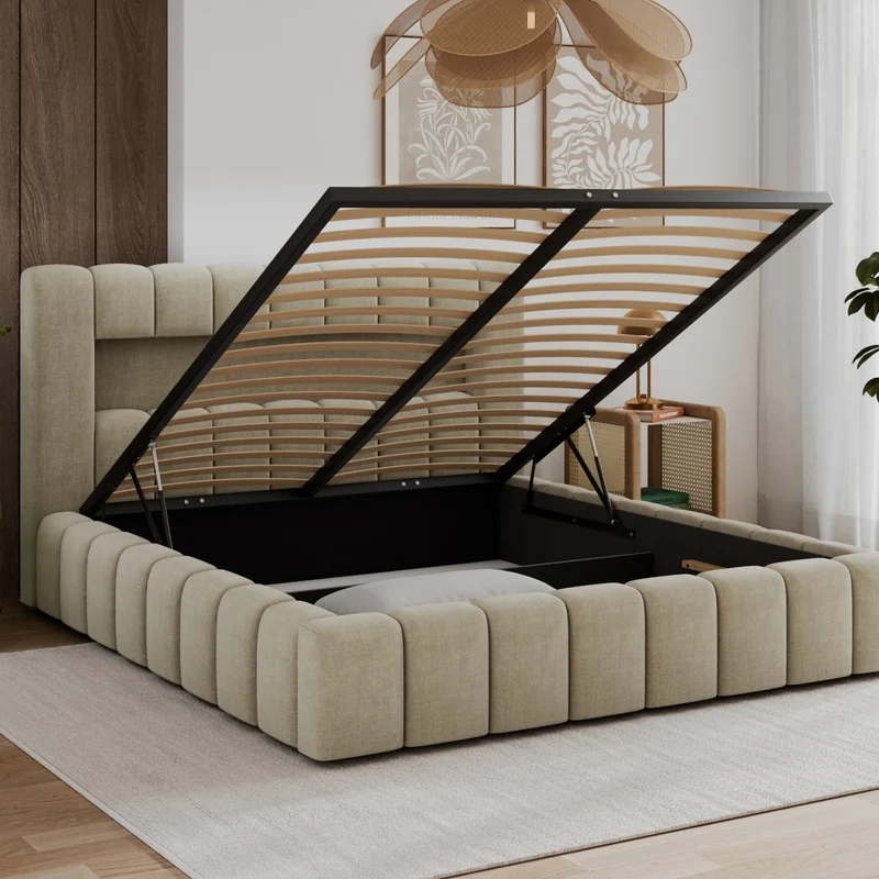 Lit coffre 140x200 sommier et LED inclus Auria Velours Beige