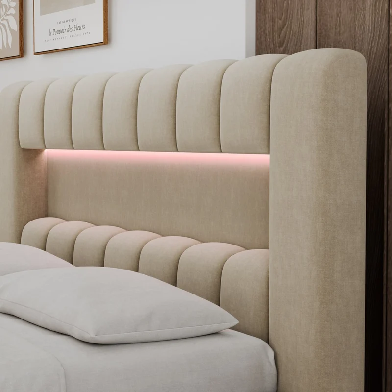 Lit coffre 140x200 sommier et LED inclus Auria Velours Beige